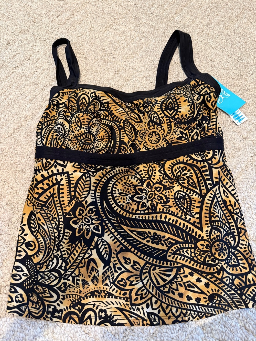 New Beach Belle tankini top swimsuit sz 14 black tan gold